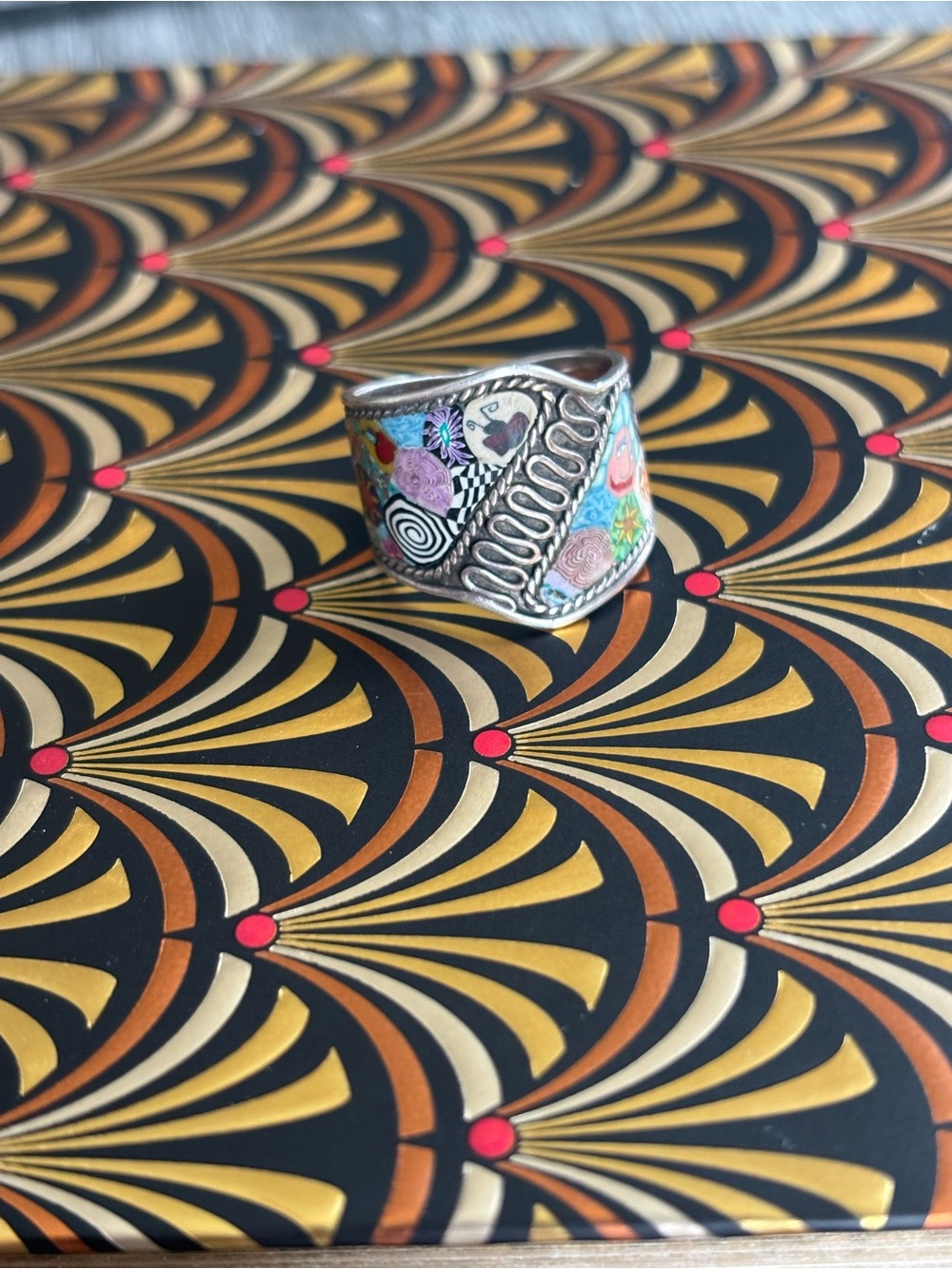 925 vintage Sterling Clay Millefiori Silver Cigar Ring Whimsy